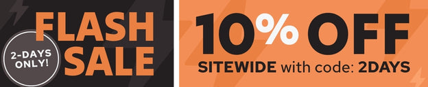 Orange flash sale banner for online store — 10% off sitewide, 2-days only with promo code 2DAYS