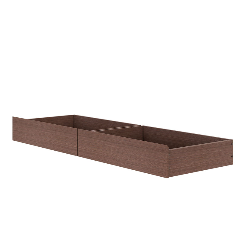 Brown wood under-bed storage drawers — low-profile twin pull-out wooden underbed organizer for clothes, linens and shoes