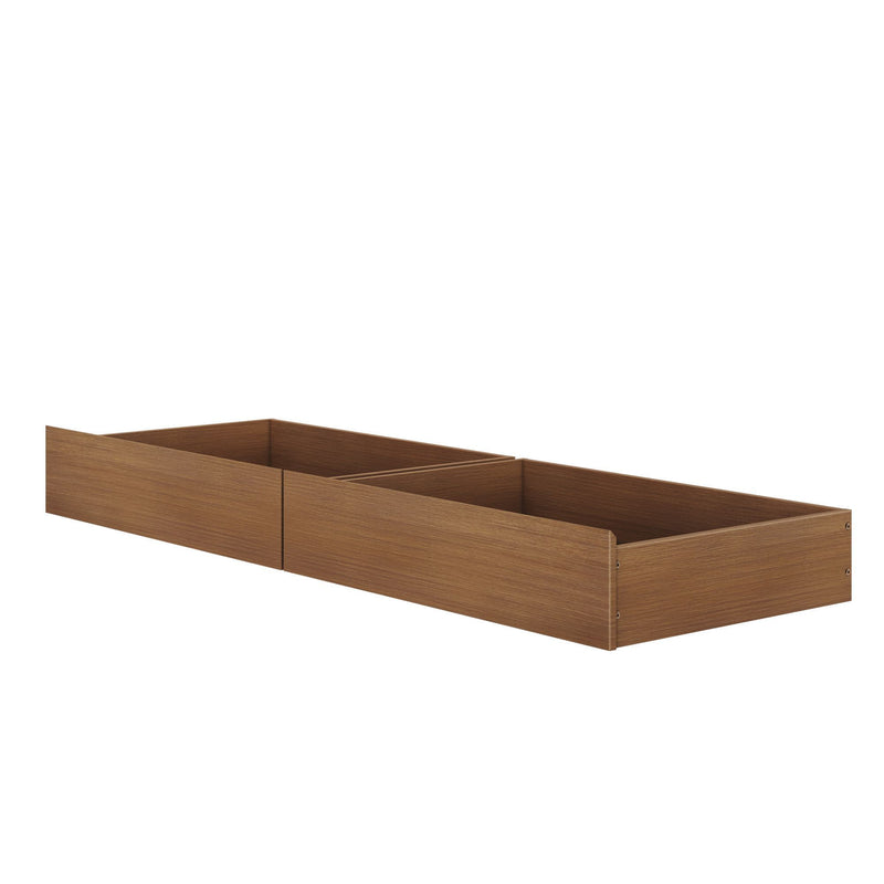Pair of brown wood under-bed storage drawers with low-profile sides and internal divider for bedroom organization and slim underbed storage