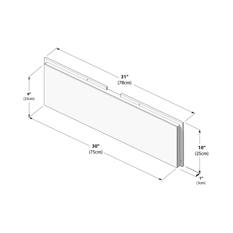 Isometric technical diagram of a rectangular wall-mounted panel with two mounting rails, showing dimensions: 30" (75cm) length, 31" (78cm) rail spacing, 10" (25cm) height, 9" (23cm) depth, 1" (3cm) thickness.