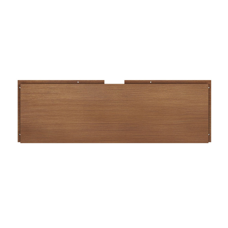 Walnut wood wall-mounted headboard panel with cable notch and predrilled mounting holes, modern minimalist bedroom headboard