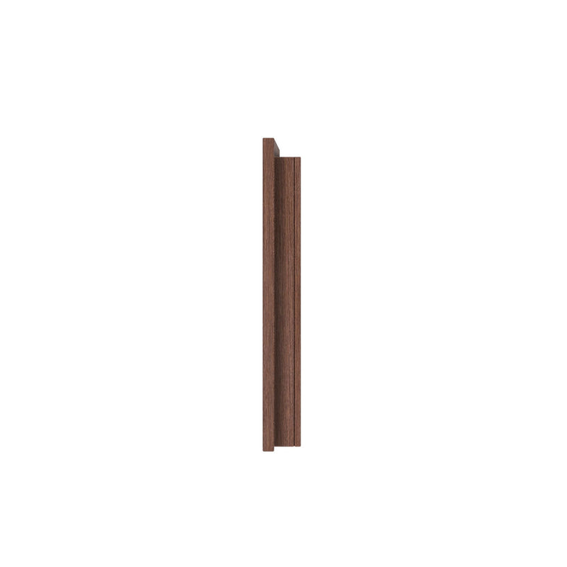 Vertical walnut brown wooden molding trim profile (door jamb/edge trim), narrow interior decorative wood strip isolated on white background