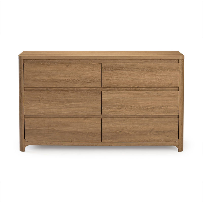 Six-drawer oak-finish dresser with natural wood grain, modern minimalist bedroom storage cabinet