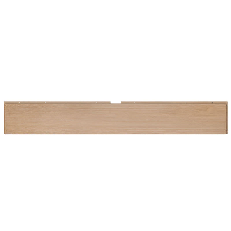 Long light oak wooden bed headboard panel with natural wood grain, minimalist horizontal design for modern bedroom decor