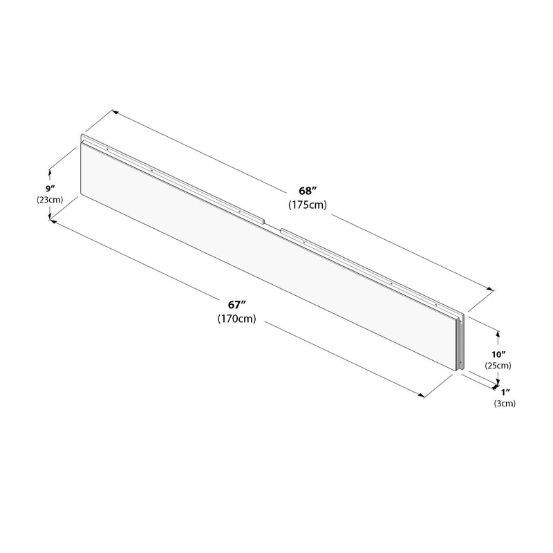 Isometric technical drawing of a long rectangular panel with labeled dimensions 68″ (175 cm) overall length, 67″ (170 cm) panel length, 10″ (25 cm) height, 9″ (23 cm) depth and 1″ (3 cm) thickness, showing mounting grooves and measurement arrows