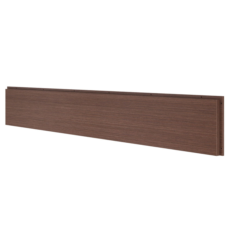 Long walnut-finish wooden furniture panel with horizontal wood grain and pre-drilled mounting holes