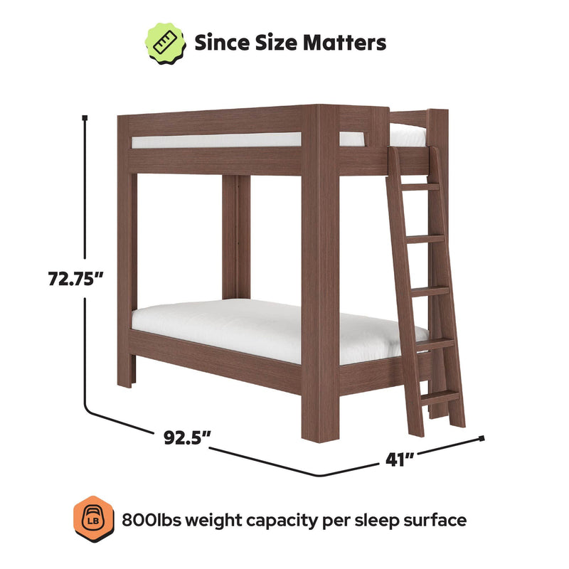 Brown wooden bunk bed with attached ladder, dimensions 92.5" L × 41" W × 72.75" H, 800 lb weight capacity per sleep surface