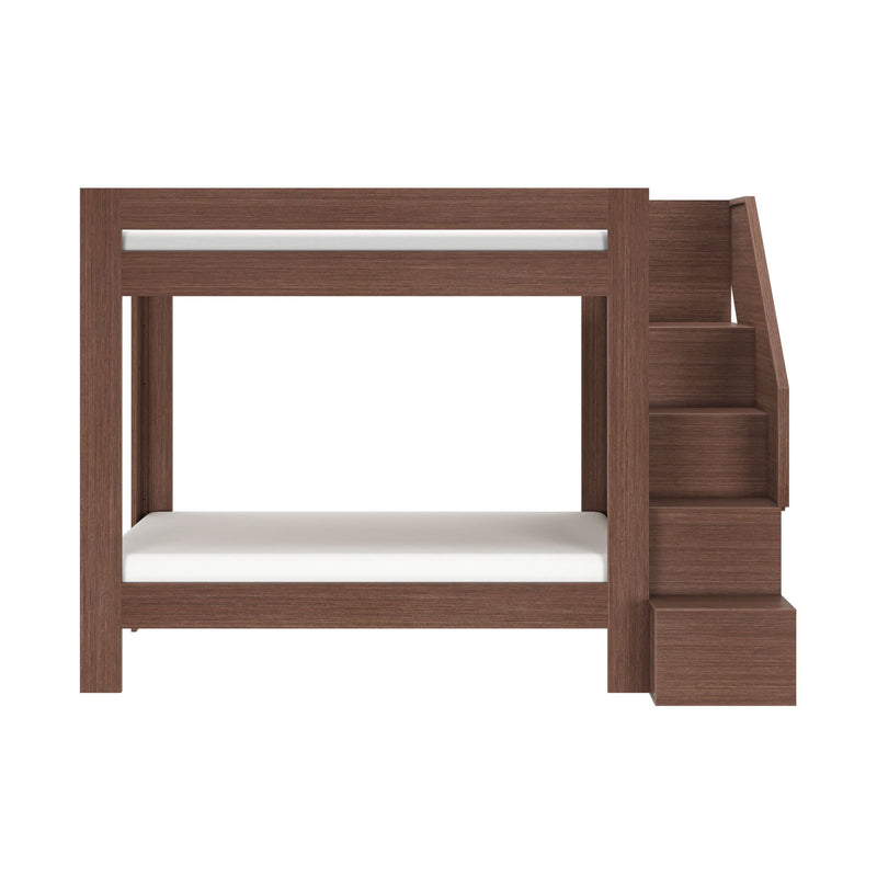 Dark brown wooden bunk bed with built-in right-side storage stairs, space-saving kids bedroom furniture with sturdy frame and white mattresses