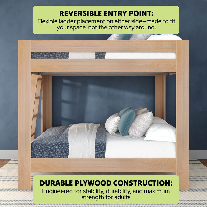 Natural wood bunk bed with durable plywood construction and reversible ladder, sturdy adult-strength frame styled in a modern blue bedroom