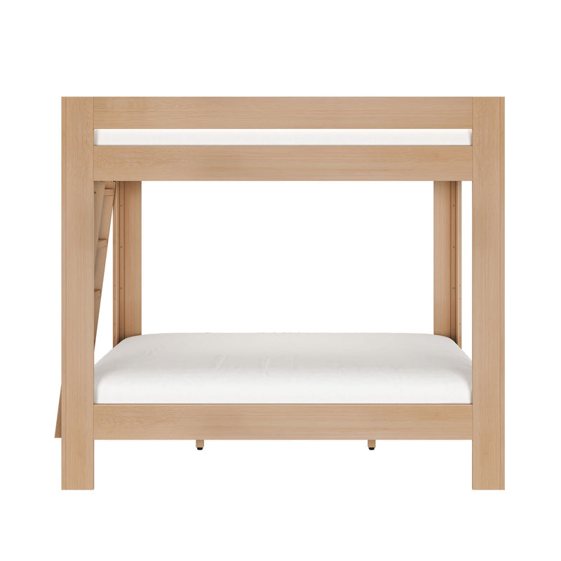Modern minimalist light oak solid wood bunk bed with built-in ladder and white mattresses, space-saving children's bedroom furniture