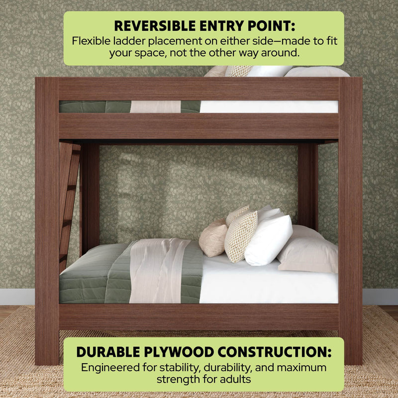 Wooden bunk bed with reversible ladder and durable plywood construction, neutral bedding and floral wallpaper — space-saving, adult-strength loft bed.