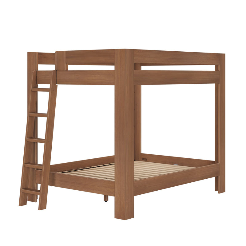 Wooden loft bunk bed frame with ladder and slatted platform in walnut finish — modern sturdy space-saving bed frame