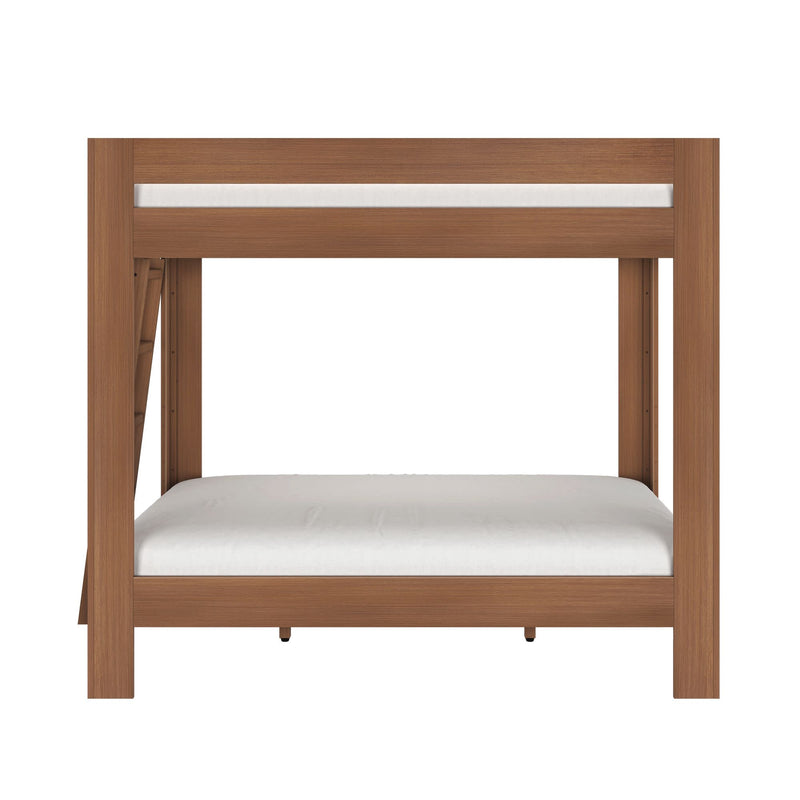 Twin-over-full solid wood bunk bed frame in walnut finish with left-side ladder and white mattresses for kids and guest room