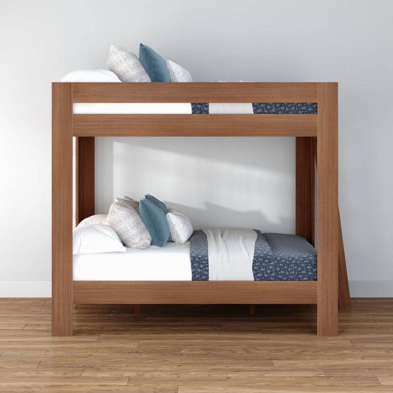 Modern solid wood bunk bed with blue and white bedding in a minimalist room, space-saving contemporary bedroom furniture