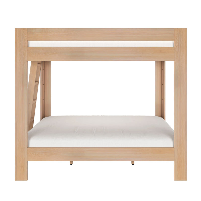 Light natural wood twin-over-full bunk bed with integrated ladder and white mattresses, modern minimalist kids bedroom furniture