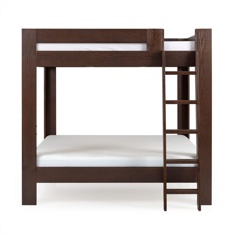 Dark brown wooden twin-over-full bunk bed with ladder and white mattresses, solid wood frame modern kids' bedroom furniture