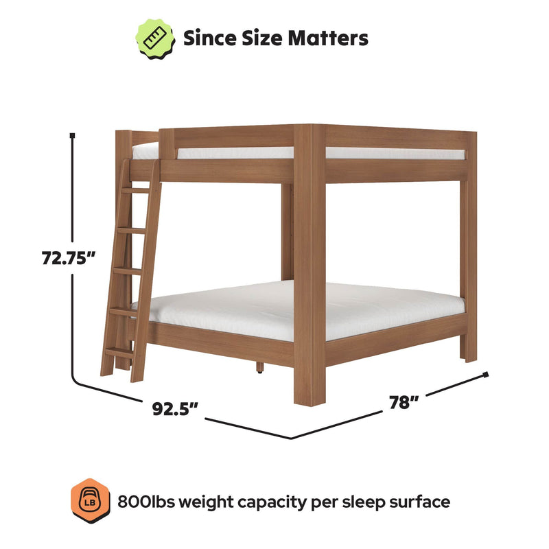 Solid wood two-level bunk bed with ladder in natural finish, sturdy platform design, 800 lb weight capacity per sleep surface, dimensions 72.75" H x 92.5" L x 78" W, ideal for shared bedrooms and guest rooms