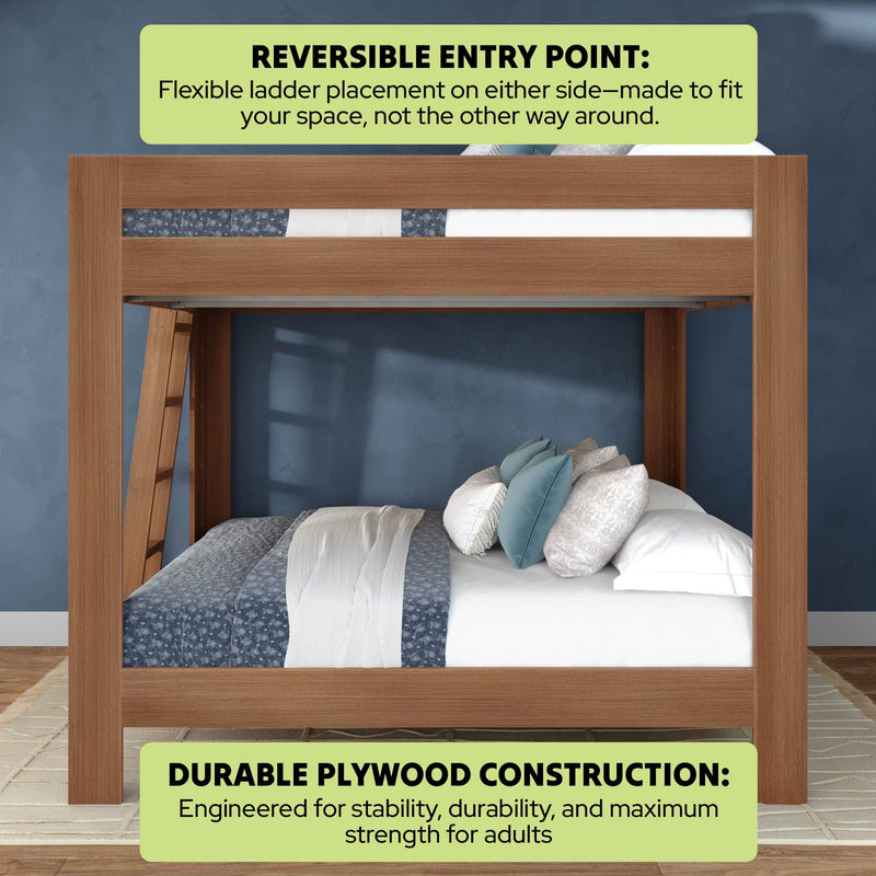 Wooden bunk bed with reversible ladder and durable plywood construction, adult-strength space-saving loft bed in a modern bedroom