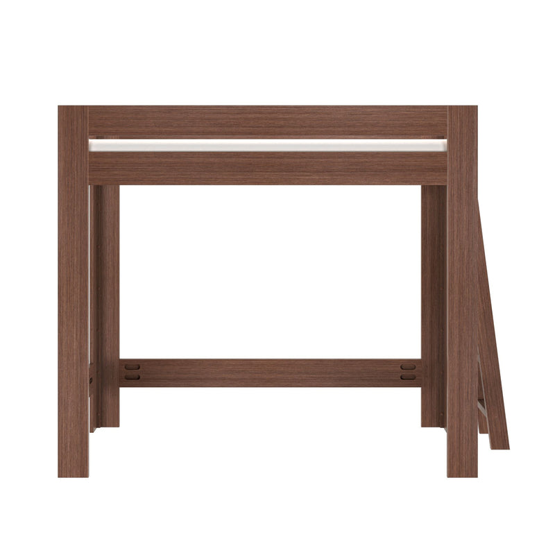 Front view of walnut wood folding table base with white accent strip, minimalist modern desk or dining table frame on white background