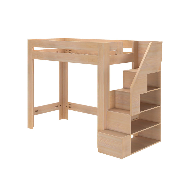 Light natural wood loft bed with built-in staircase and open storage shelves, space-saving children's bedroom furniture