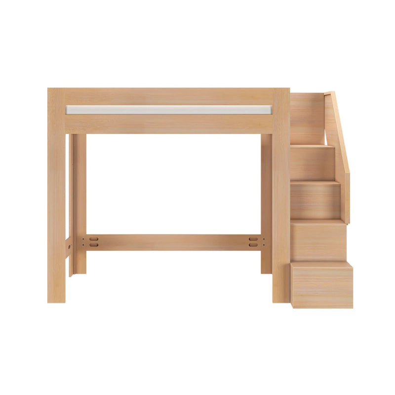 Natural pine loft bed with built-in staircase and storage drawers — space-saving wooden loft bed frame for kids' bedrooms and small spaces
