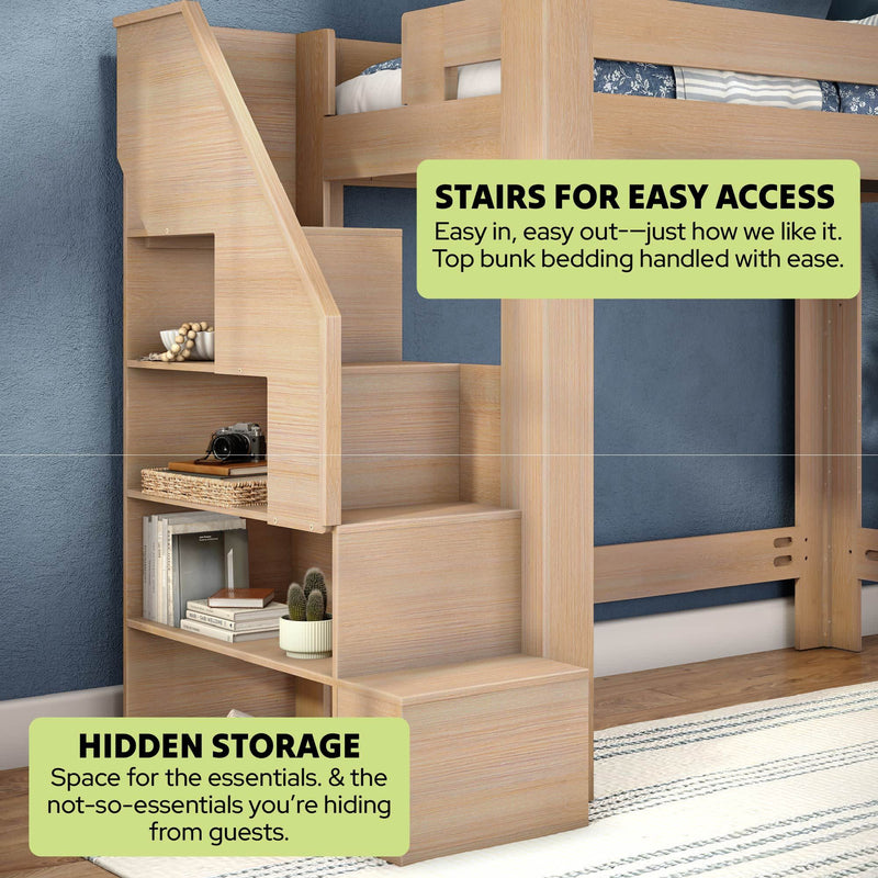 Modern light-wood loft bunk bed with staircase featuring built-in storage shelves and hidden compartments — space-saving children's bedroom furniture, stairs with storage