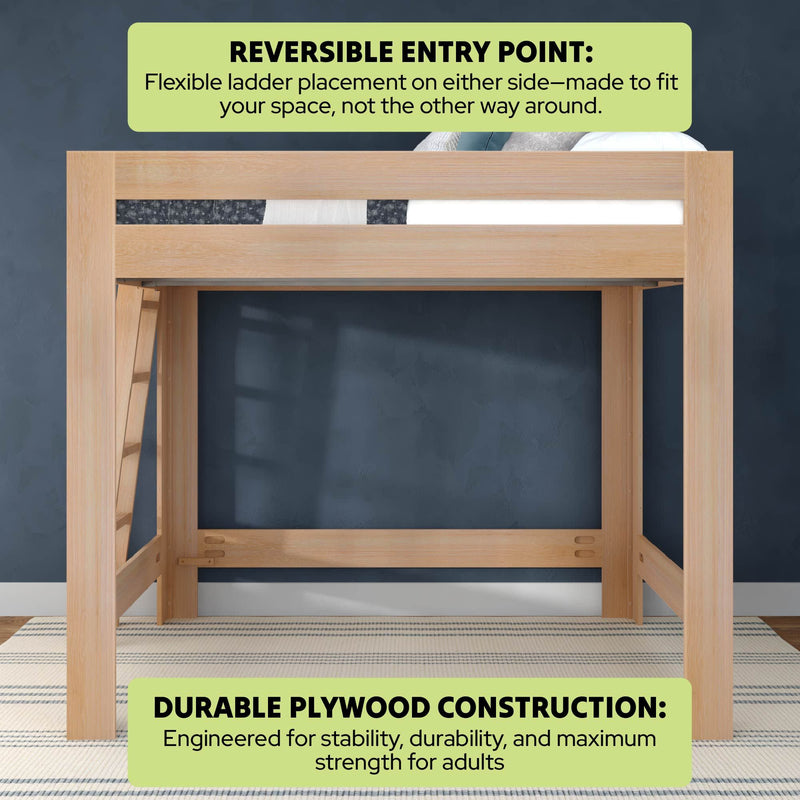 Natural wood loft bed with reversible ladder and durable plywood construction, space-saving elevated design for adults