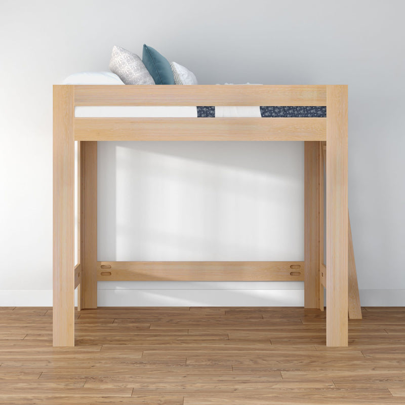 Natural wood loft bed frame with twin mattress and blue-gray pillows, modern minimalist space-saving elevated bed for small bedrooms