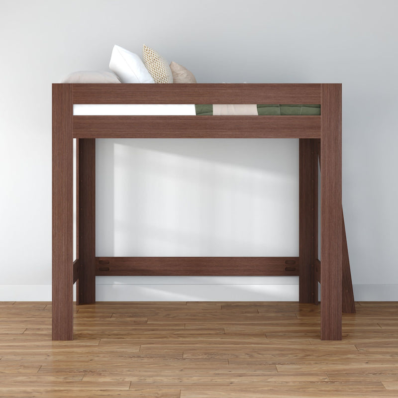 Dark walnut wooden twin loft bed with guardrail and side ladder over open space for desk or storage, modern raised bed frame on hardwood floor