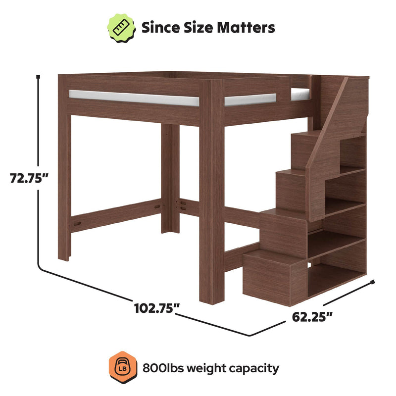 Dark brown wood loft bed with built-in staircase storage and shelving, space-saving raised platform design, dimensions 72.75" H x 102.75" L x 62.25" D, 800 lb weight capacity