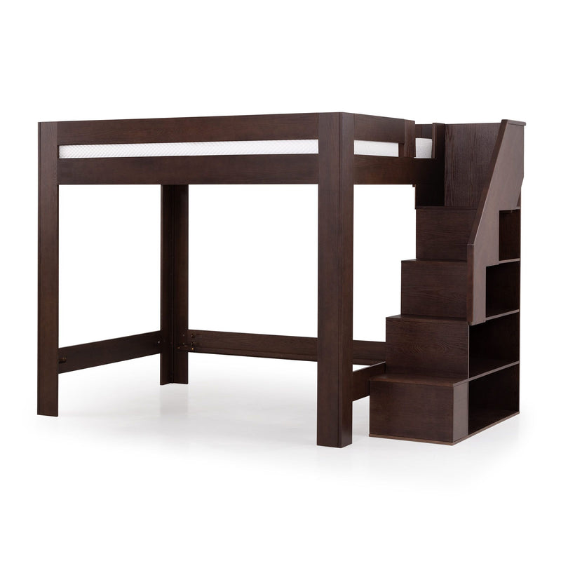 Dark brown wood loft bed with built-in staircase storage, white mattress and open under-bed space, modern sturdy frame