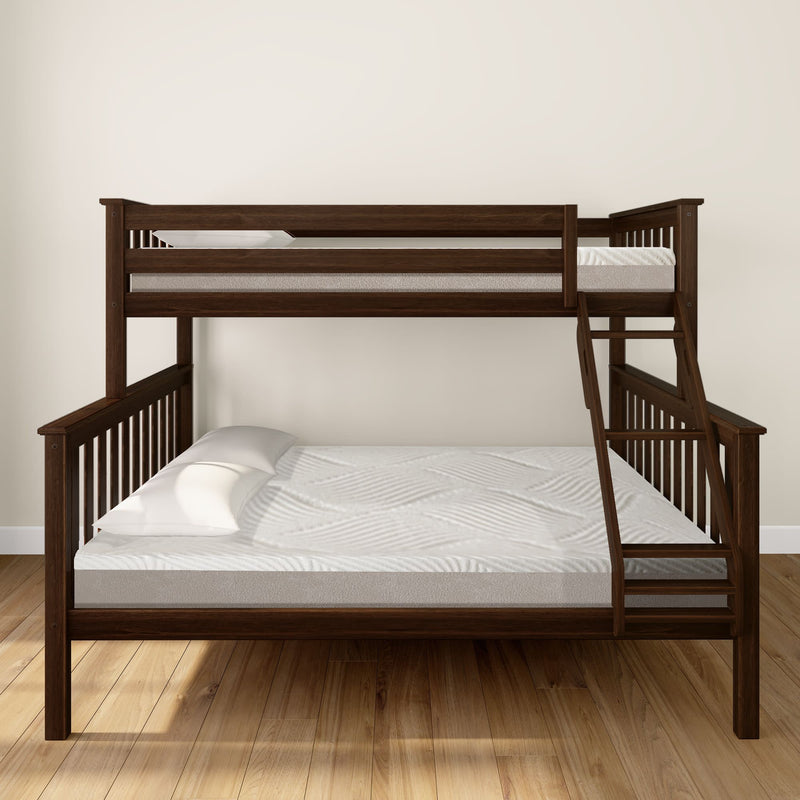 Wooden bunk bed with twin over full design on hardwood floor in a minimalist bedroom setting.