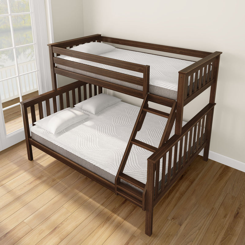 Dark wood twin over full bunk bed with white mattresses in a bright bedroom setting.
