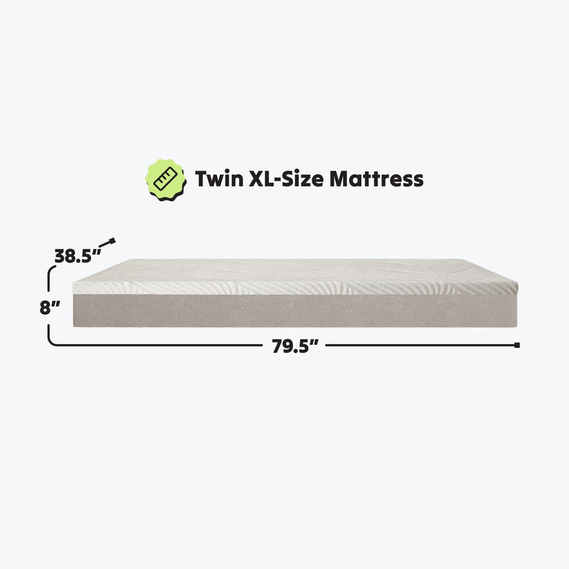 Twin XL Size Mattress Dimensions: 38.5 inches wide, 79.5 inches long, 8 inches thick.