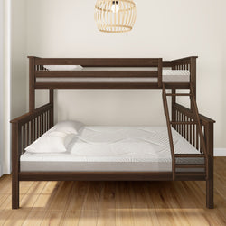 Dark wood twin over full bunk bed with ladder in a modern bedroom.