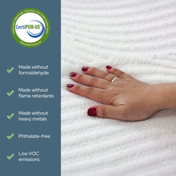 Hand touching CertiPUR-US certified mattress, free from formaldehyde, flame retardants, heavy metals, phthalates, and low VOC emissions.