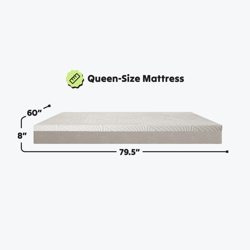 Queen-size mattress with dimensions 60" x 79.5" x 8", ideal for comfortable sleeping arrangements.
