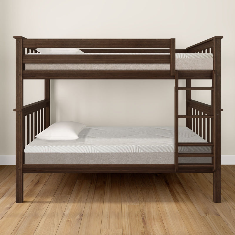 Dark wood bunk bed with ladder in a modern bedroom setting.