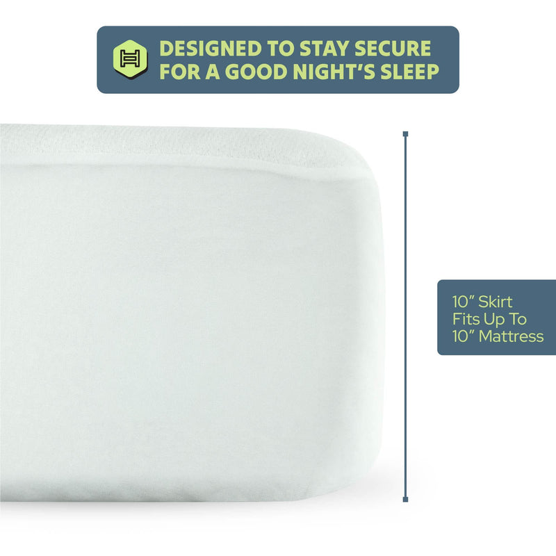 Secure-fitting mattress cover with 10-inch skirt for up to 10-inch mattresses, designed for a good night's sleep.