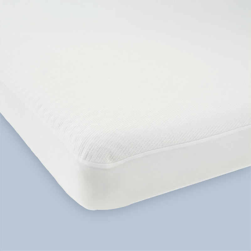 Premium white mattress with smooth surface and corner design on light blue background.