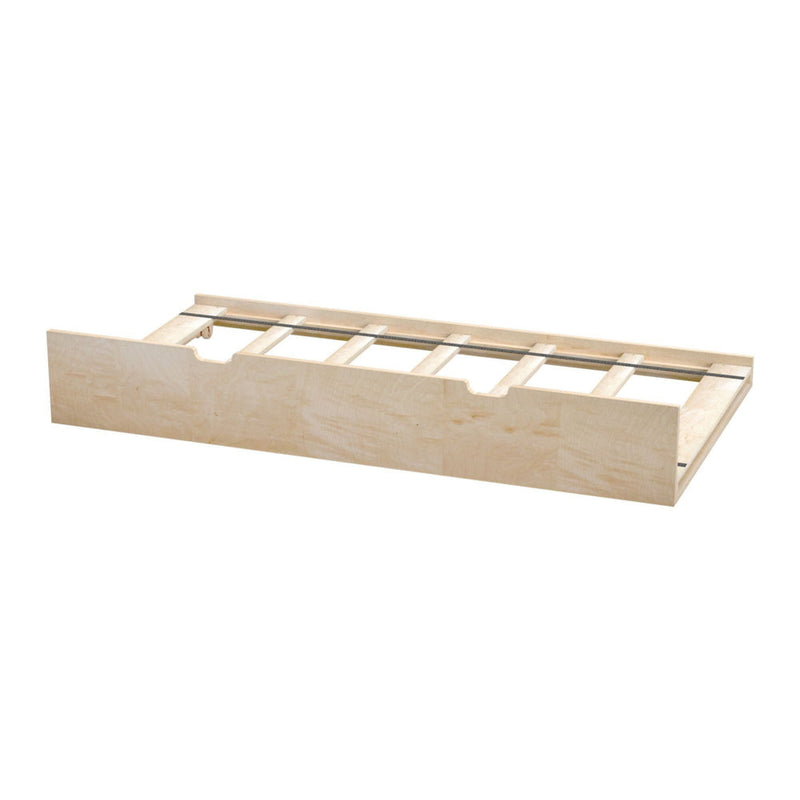 Under-bed wooden pull-out storage drawer on metal slides with slatted plywood base and cutout handles, unfinished light maple trundle frame