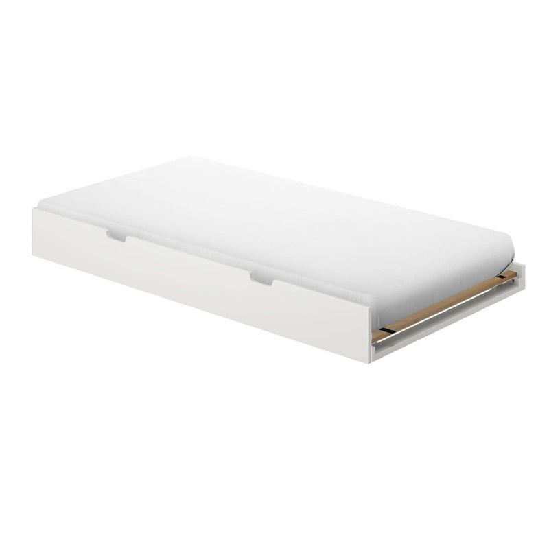 White twin trundle bed frame with pull-out slatted base and mattress, space-saving guest bed with underbed storage