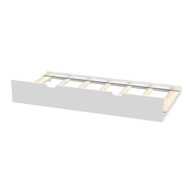 White trundle bed frame with wooden slats and metal runners for under-bed pull-out guest bed or storage