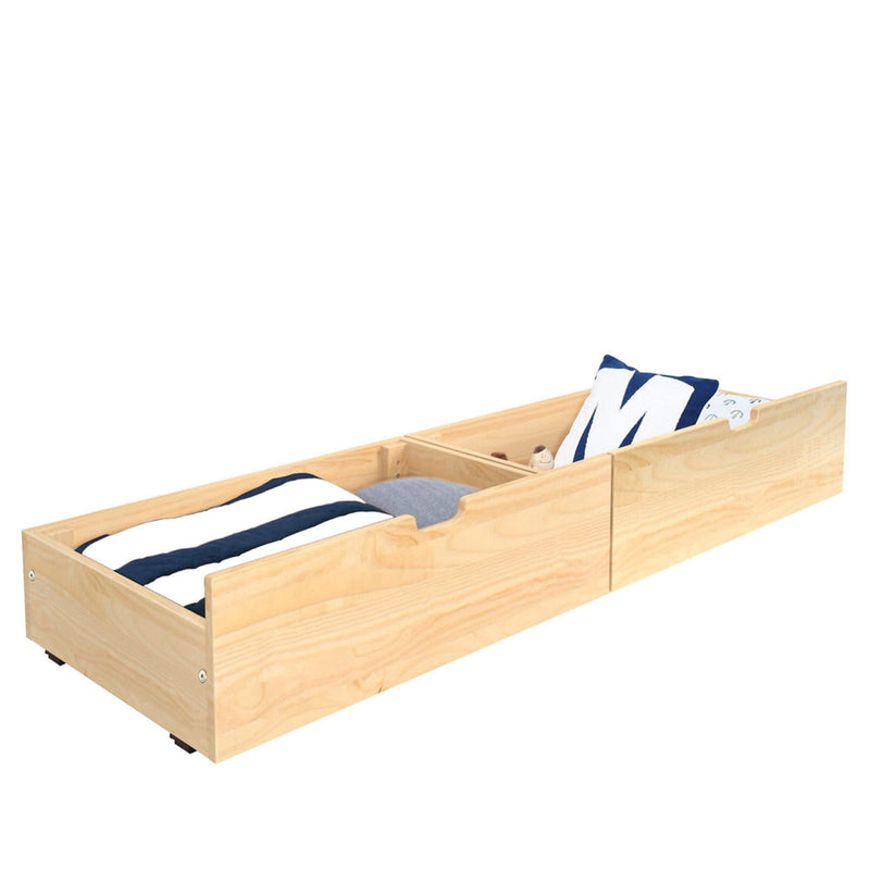 Light natural wood under-bed pull-out storage drawer trundle with divided compartments holding pillows and blankets, space-saving bedroom storage solution