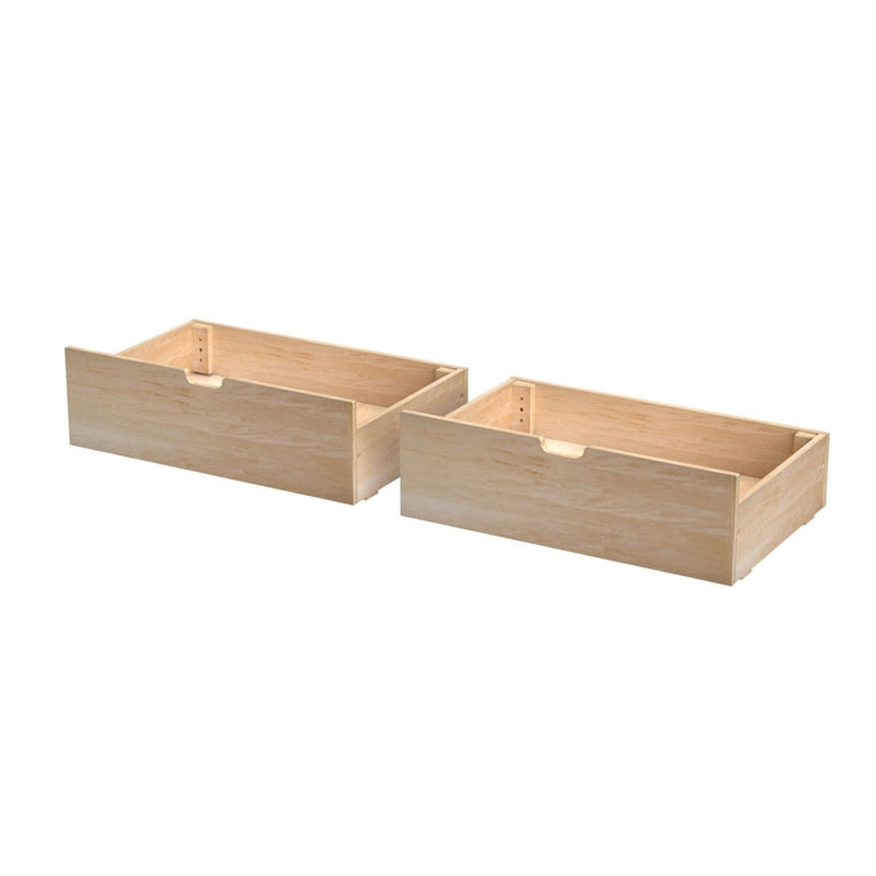 Pair of unfinished natural wood storage drawers with cutout handles — rectangular pull-out wooden organizers for clothing and linens