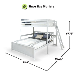 White double and twin bunk bed with ladder, dimensions: 67.75 inches high, 85.5 inches wide, 98.25 inches deep.