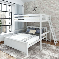 White wooden bunk bed in a modern bedroom with brick wall and city view.
