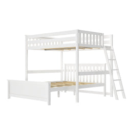 White wooden triple bunk bed with ladder for kids' bedroom.