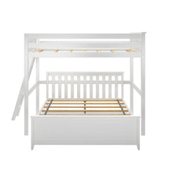 White wooden bunk bed frame with a ladder for kids' bedroom.