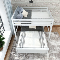 White wooden bunk bed with gray and white bedding in modern bedroom setting.